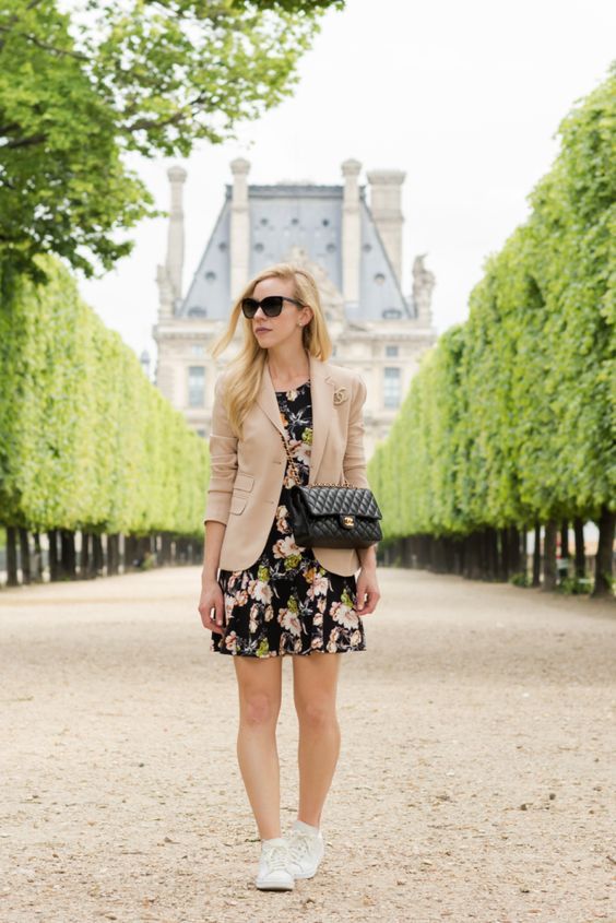 Chic Floral Black Sundress with Beige Blazer